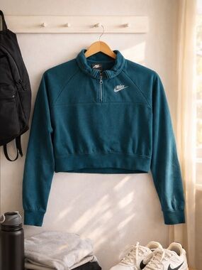 Nike Teal Cropped 1/4 Zip Sweatshirt Women’s Small Swoosh Athleisure
